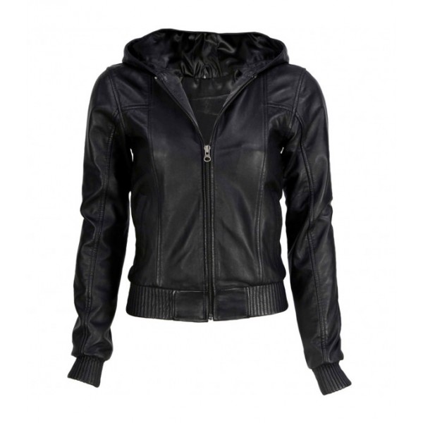 BLACK HOODED BOMBER LAMBSKIN LEATHER JACKET